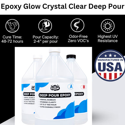 Epoxy Glow Deep Pour Epoxy Resin Kit, Premium Commercial Grade, 3 Gallons (11.3 liters)- 2:1 Crystal Clear Pouring up to 2-4"- Self-Leveling Food Safe Epoxy, Highest UV Resistance, DIY Friendly