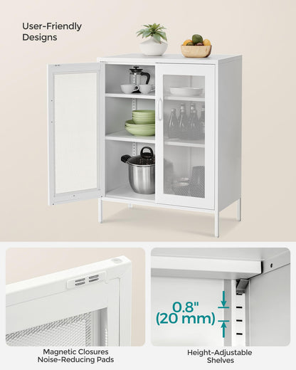 SONGMICS Metal Storage Cabinet with Mesh Doors, Steel Display Cabinets with Adjustable Shelves for Bathroom Home Office, Matte White UOMC002W02