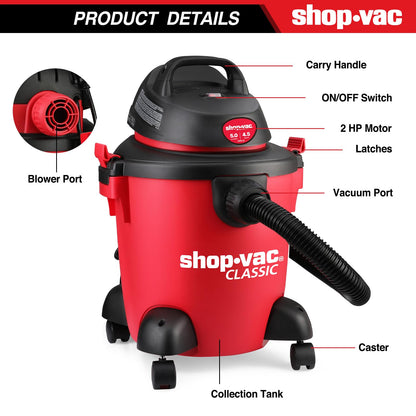 Shop-Vac 5 Gallon 4.5 Peak HP Wet/Dry Vacuum, Portable Heavy-Duty Shop Vacuum 3 in 1 Function with Attachments for House, Garage, Car & Workshop,