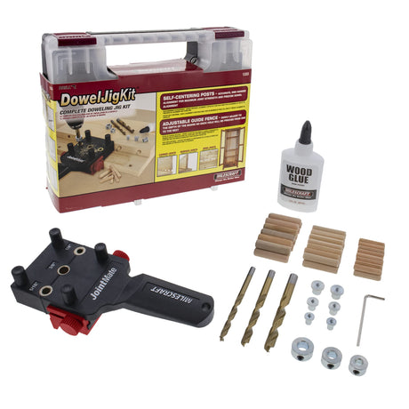 Milescraft 1333 Dowel Jig Kit - New, Improved, Self-Centering Handheld Dowel Jig with 3 Metal Bushing Sizes (1/4in, 5/16in, 3/8in) - Complete Milescraft
