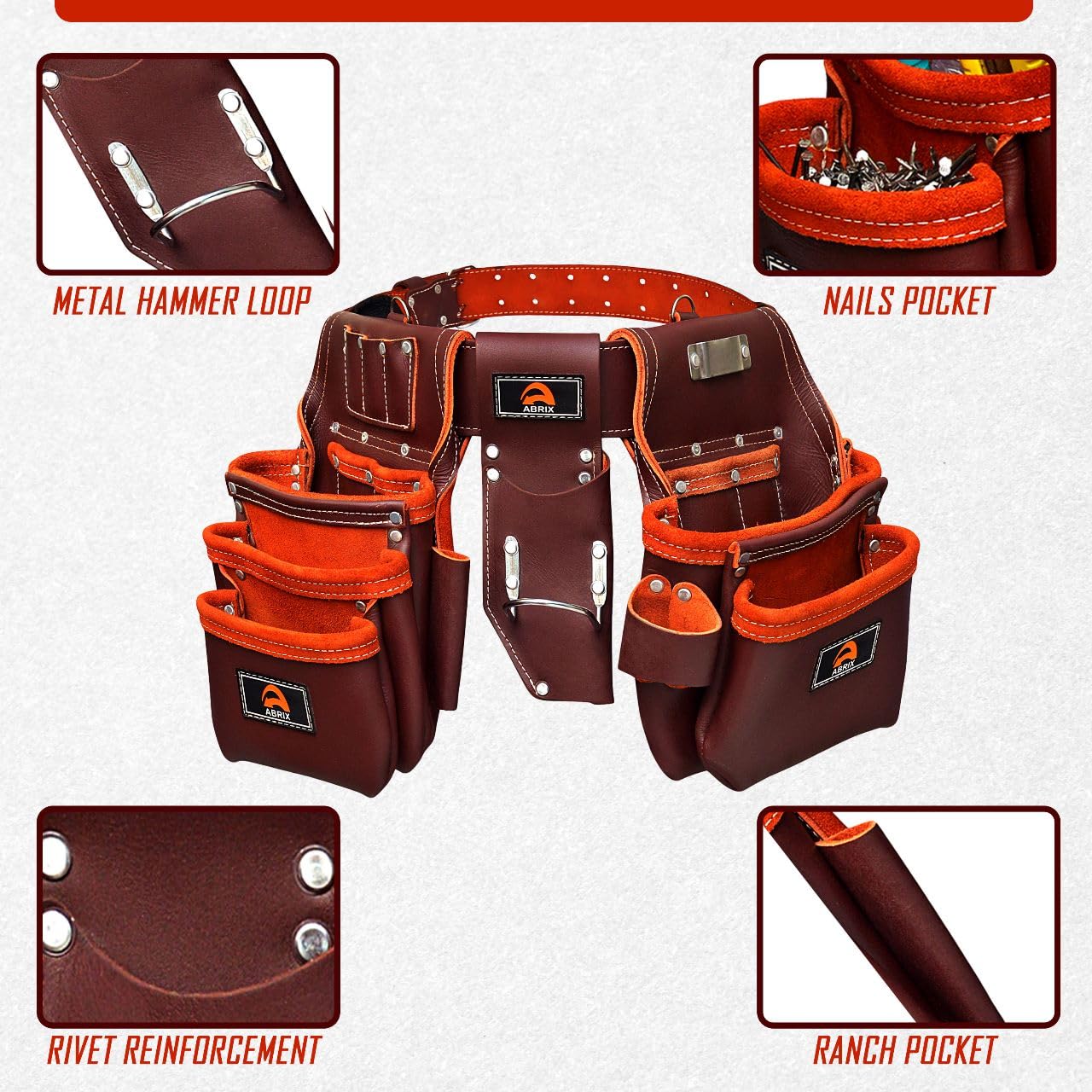 ABRIX Premium Oil Tanned Leather Tool Belt,PRO-280 Tool Pouch,Heavy Duty Leather Tool Belt, Tool Bag 28 Pockets,Tool Belt/Pouch For Framer (Maroon Abrix
