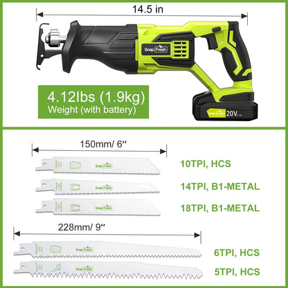 SnapFresh Reciprocating Saw - Cordless Reciprocating Saw for Woods Metal Plastic Cutting, 0-3000 SPM Powerful Motor Reciprocating Saw, Lightweight - WoodArtSupply