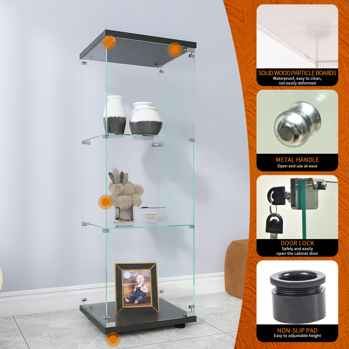 Beauty4U Elegant Black One-Door Glass Display Cabinet with 3 Shelves for Stylish Home Collection Storage Beauty4U