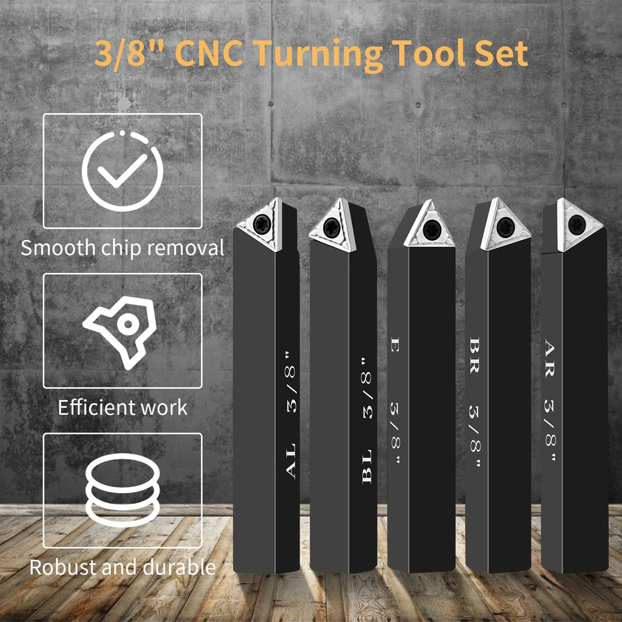 SENDUO 3/8" Indexable Carbide Turning Inserts Holder Set for Machining Lathes, 5 Pcs Set Metal Lathe Tools Inserts Bits with Carbide Inserts SENDUO