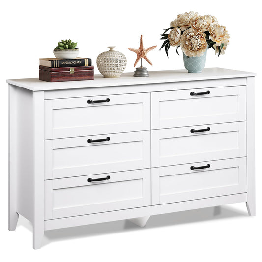 WLIVE 6 Drawer Dresser, Retro Chest of Drawers with Metal Handle, Double Wood Dresser for Bedroom, Living Room, Large Storage Cabinet, White - WoodArtSupply