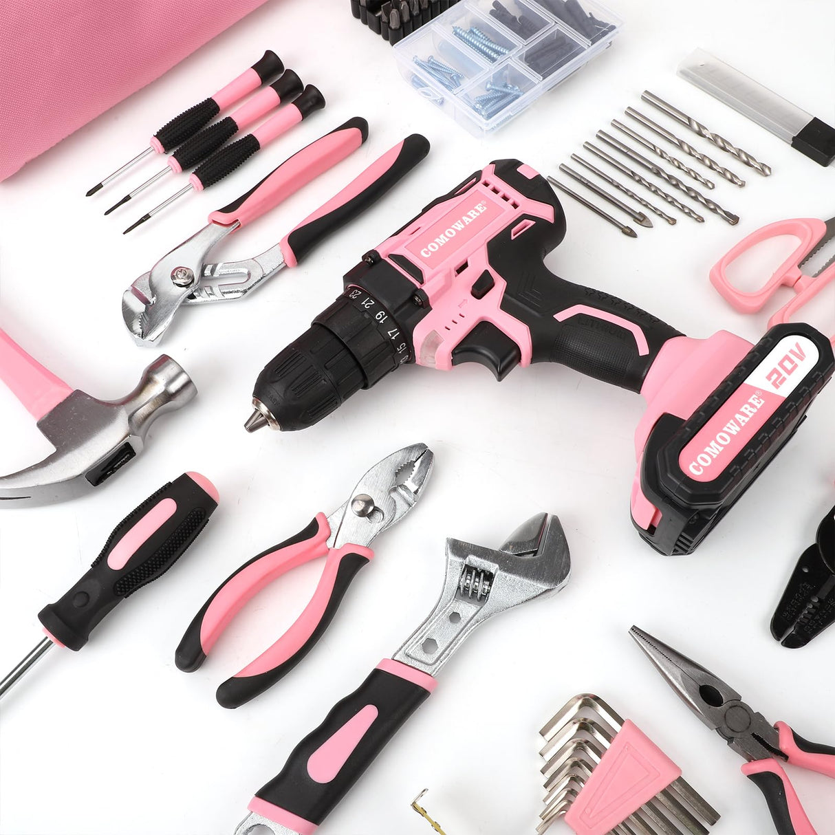 COMOWARE 169Pcs Home Tool Kit with Drill, Pink Drill Set for Women, Lady's Home Repairing Tool Kit with 20V Power Drill, with a Large-Capacity Tool COMOWARE