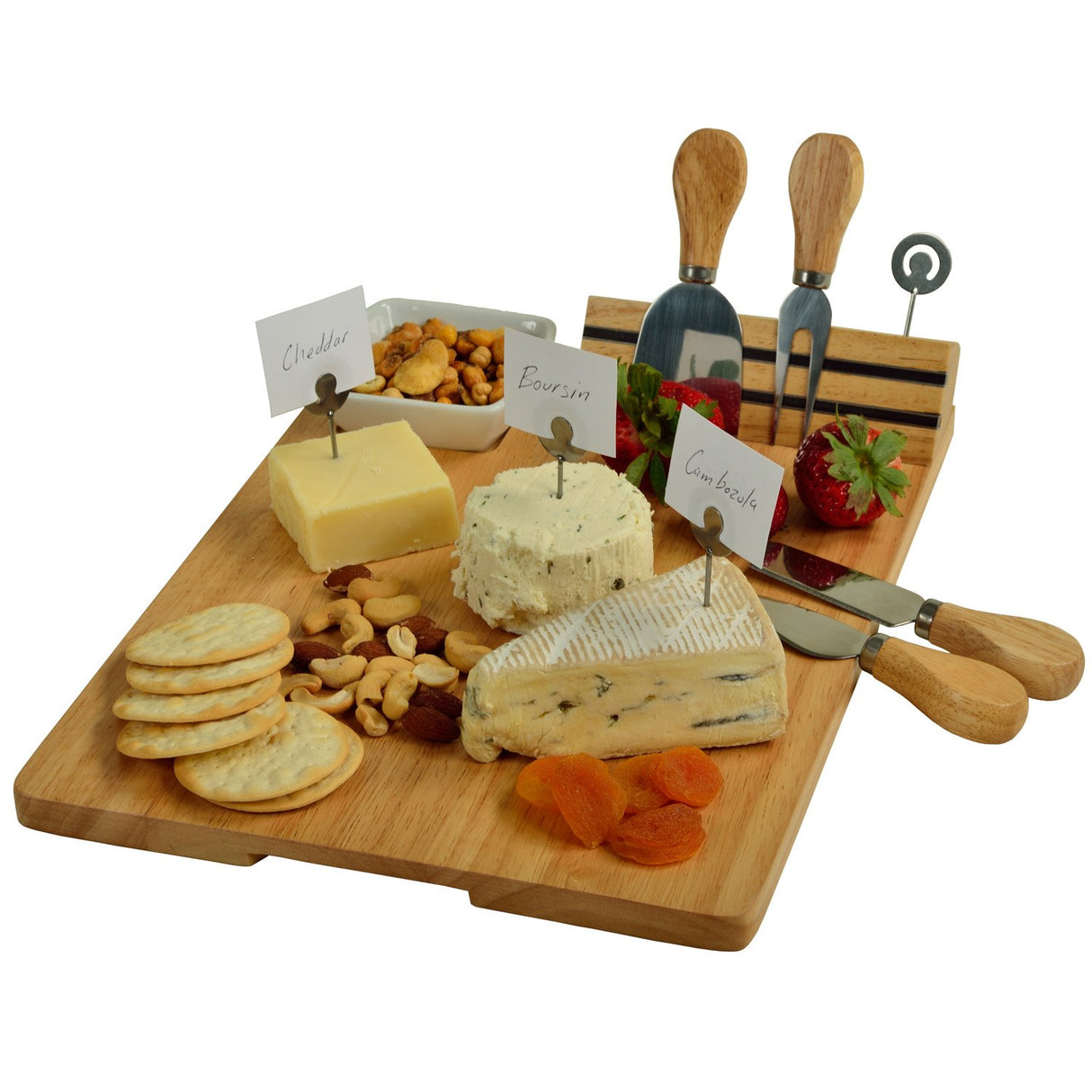 Personalized Monogrammed Laser Engraved Hardwood Board for Cheese & Appetizers - Includes 4 Cheese Knives, Cheese Markers & Ceramic Dish - Designed Picnic at Ascot