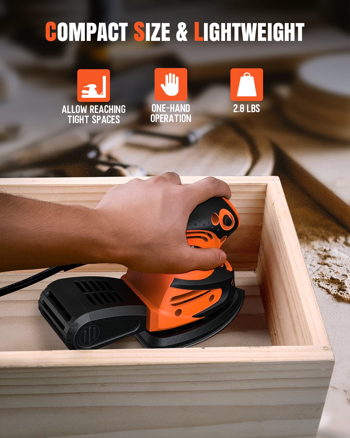 DWT Detail Sander, 1.5A 15000 OPM Electric Sander with 24pcs Sandpapers, Efficient Dust Collection System & Detail Finger Attachment, Soft Grip - WoodArtSupply