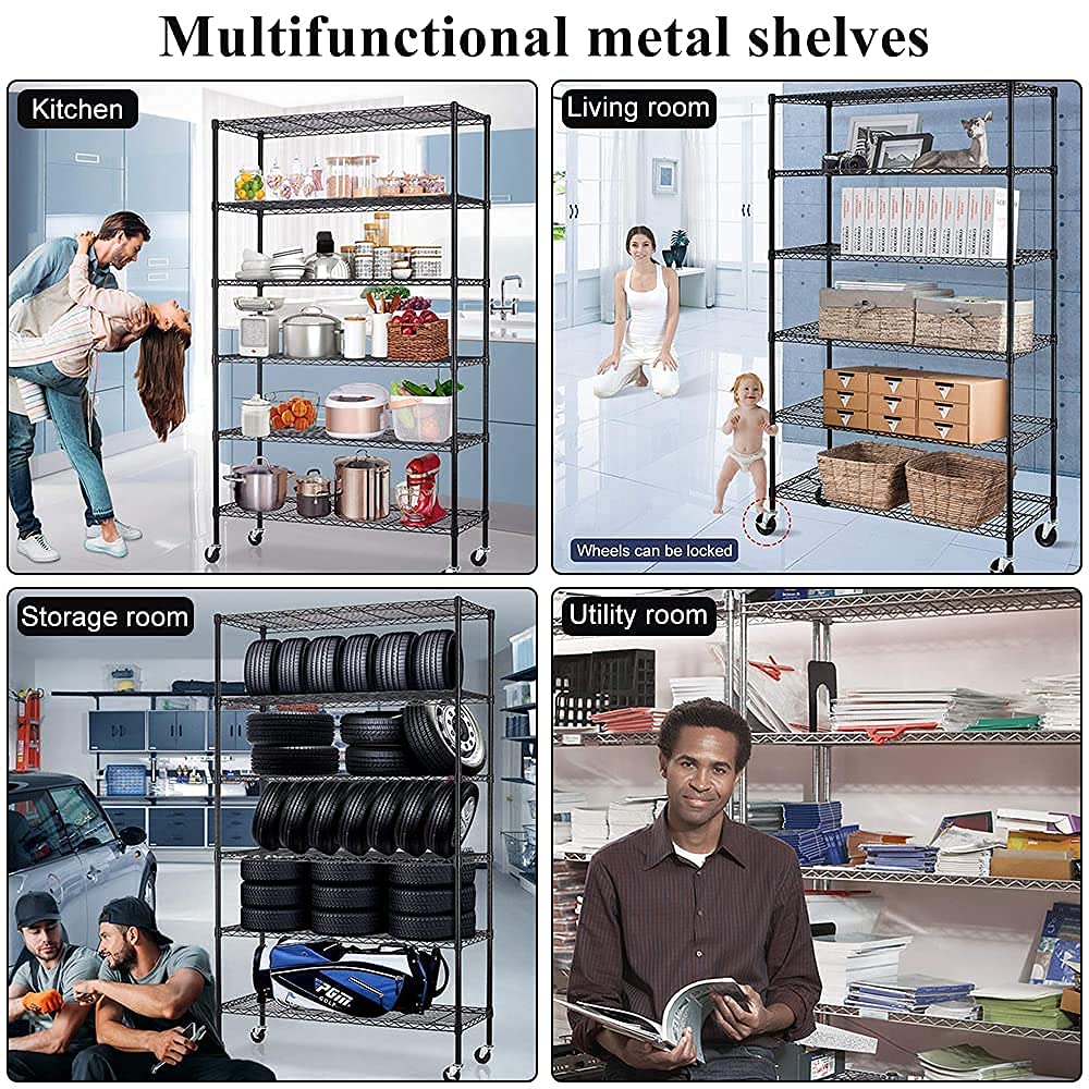 TYNB, Metal Storage Rack 6000 Lbs Capacity, 6 Tier Metal Shelf with Wheels 48In L×18In W×76In H NSF Height Adjustable Movable Heavy Duty Wire