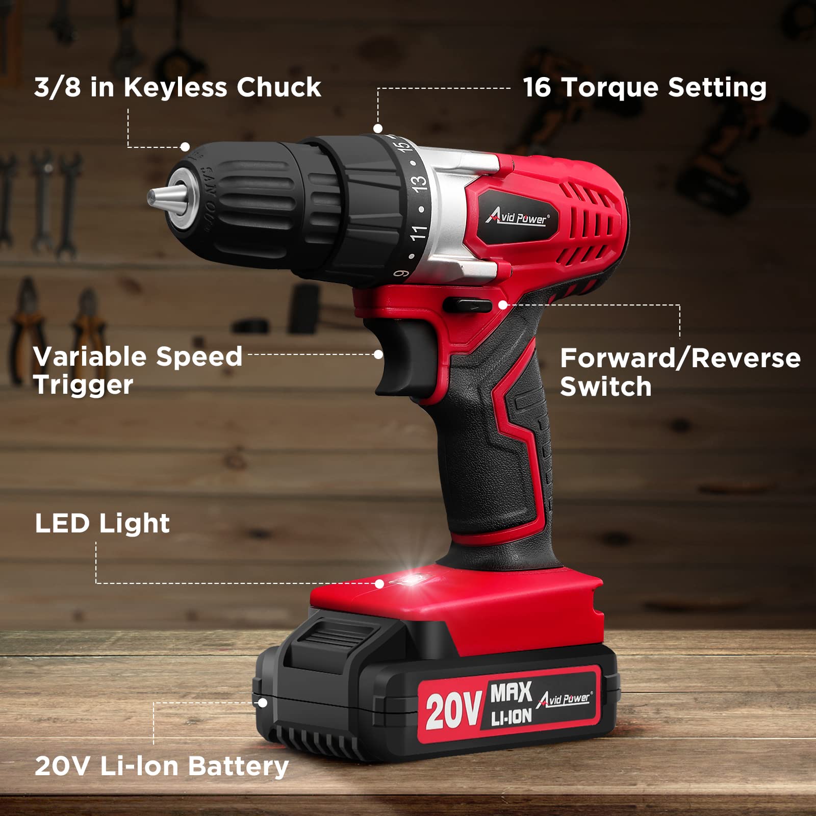 AVID POWER 20V MAX Lithium lon Cordless Drill Set Power Drill Kit with Battery and Charger 3 8 Inch Keyless Chuck Variable Speed 16 Position and WoodArtSupply