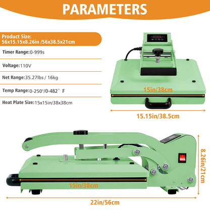 UOKRR Clamshell Heat Press Machine for T Shirts,15" x 15" Portable Heat Press for Sublimation/HTV(Heat Vinyl Transfer)-with Pressure Knob for Home