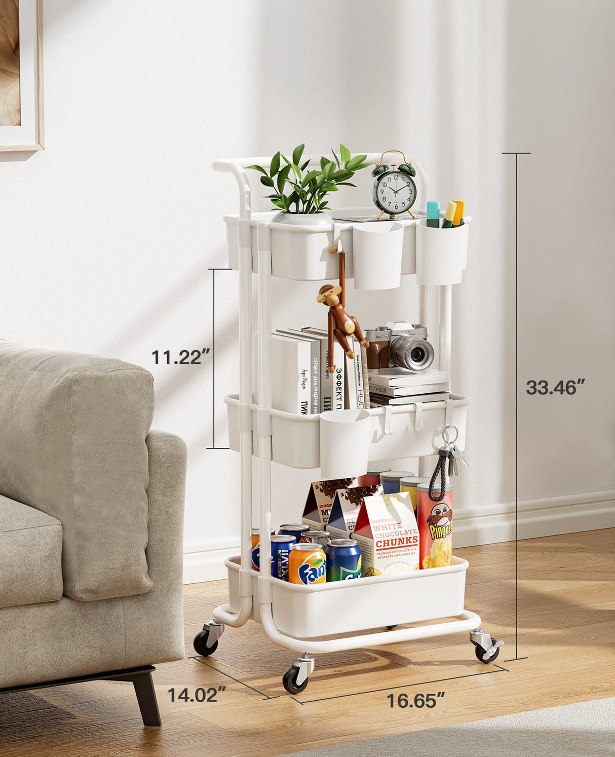 Pipishell 3-Tier Rolling Cart with Wheels - Rolling Storage Cart with Hanging Cups & Hooks - Mobile Utility Cart for Office, Kitchen, Craft Room - Pipishell