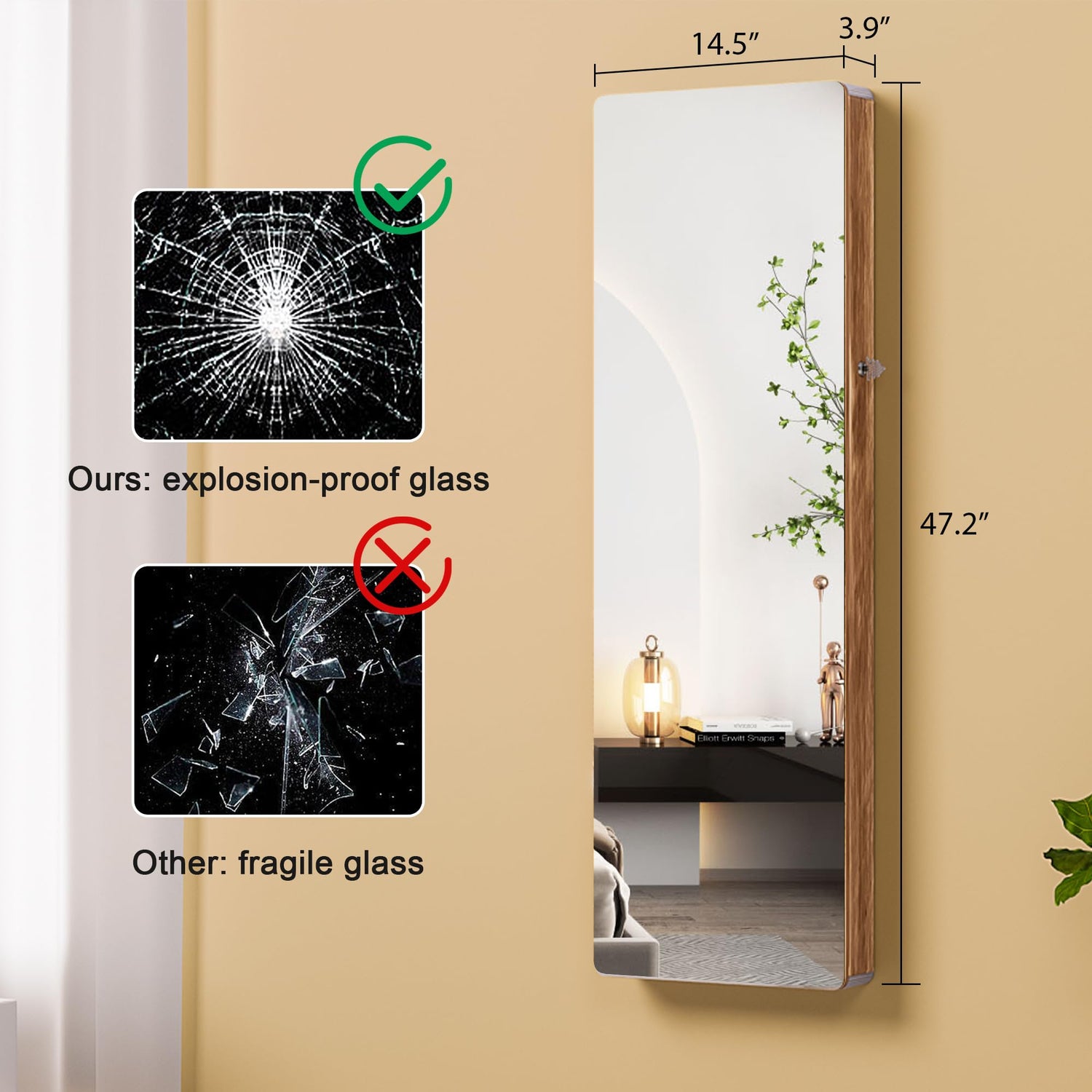 HNEBC LED Mirror Jewelry Cabinet,47.2" Wall Mounted Jewelry Organizer with Full-Length Mirror,Over The Door Hanging Jewelry Armoire Storage HNEBC