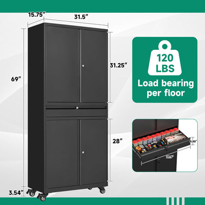 Letaya Metal Garage Storage Cabinet with Wheels,72“ Rolling Tool Cabinet with 4 Door Lock-Adjustable Shelves and Drawer for Garage Home Office