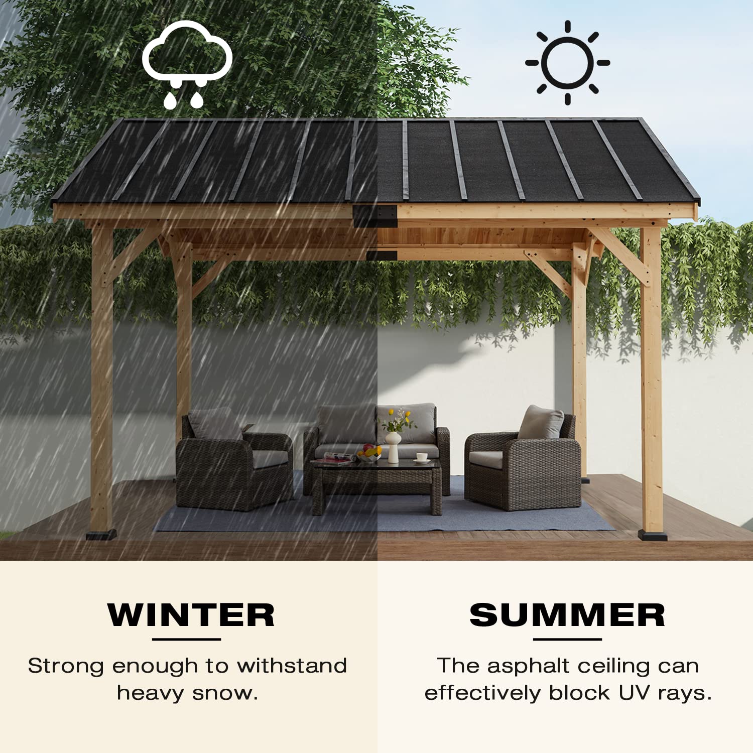 MELLCOM 12' x15' Wood Gazebo, Spruce Solid Wood Hardtop Pavilion, Waterproof Asphalt Roof, for Patio, Lawn, Garden, Easy Installation MELLCOM