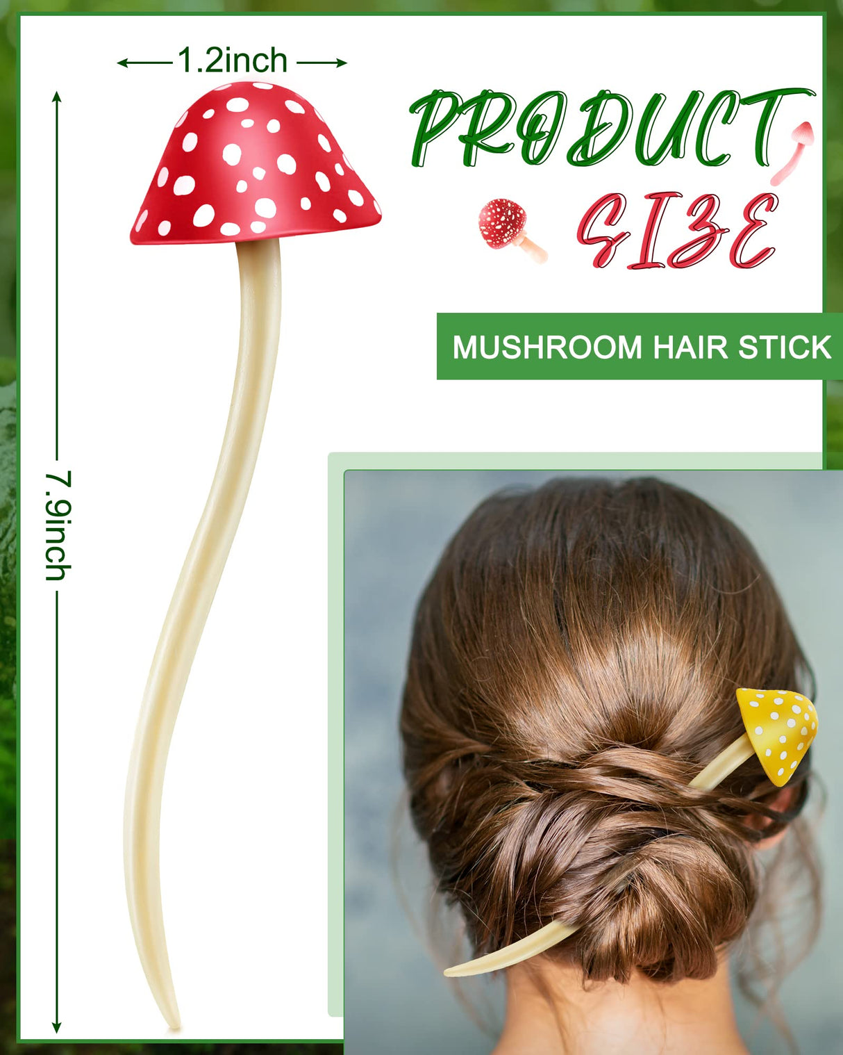 Taiyin 2 Pcs Mushroom Hair Stick Christmas Hair Sticks for Long Hair Chinese Hair Chopsticks for Women Girl Hair Sticks for Buns Cute Print Hair Taiyin