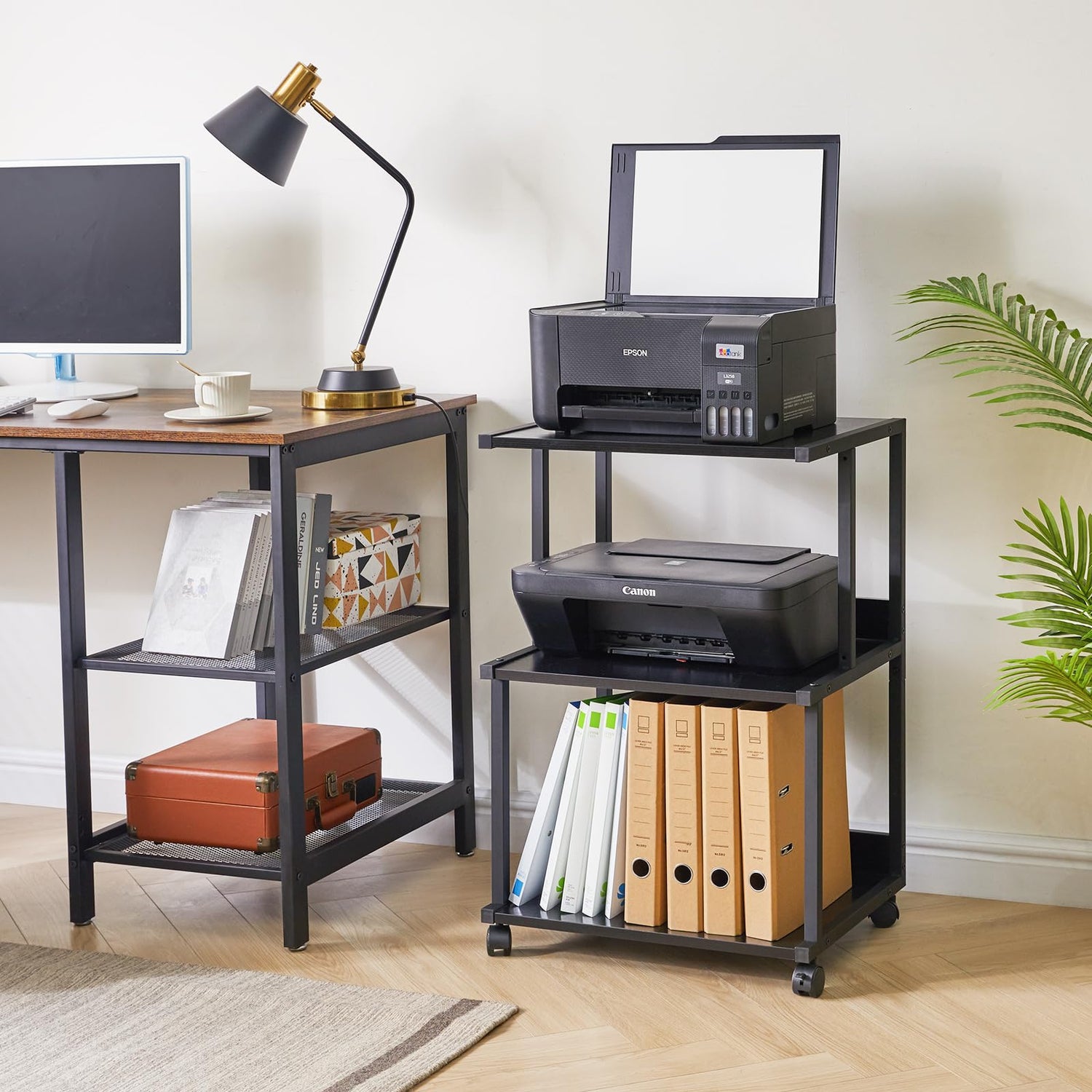 IBUYKE Black Printer Stand with Storage Shelf,3 Tier Printer Table with Wheels,Printer Cart for Home Office Organization, Rolling Cart Stand for Heat IBUYKE