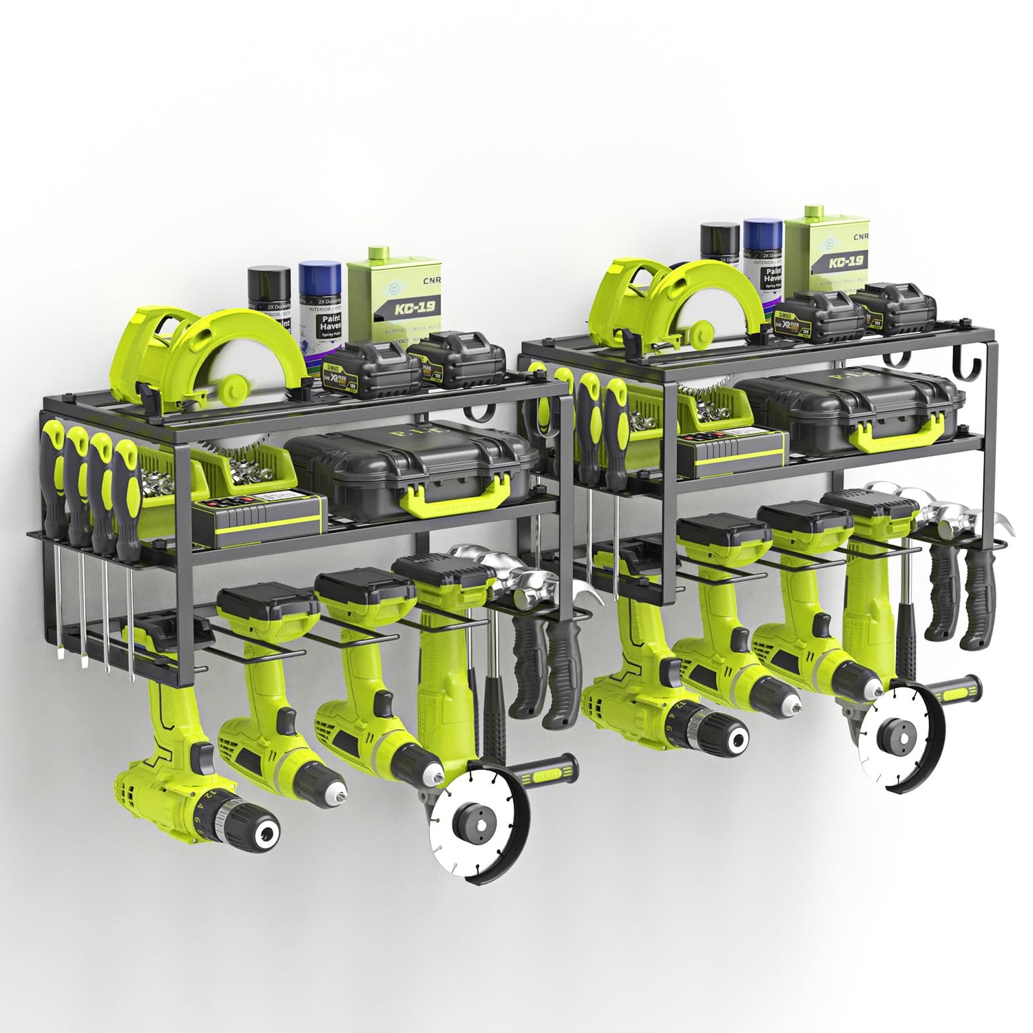 SUNALLY 3-Tier Heavy Duty Steel Power Tool Organizer, Matte Black, 3 Layers Tool Rack Cordless Drill, Floating Shelf Wall Mounted, 4 Drill Holders SUNALLY