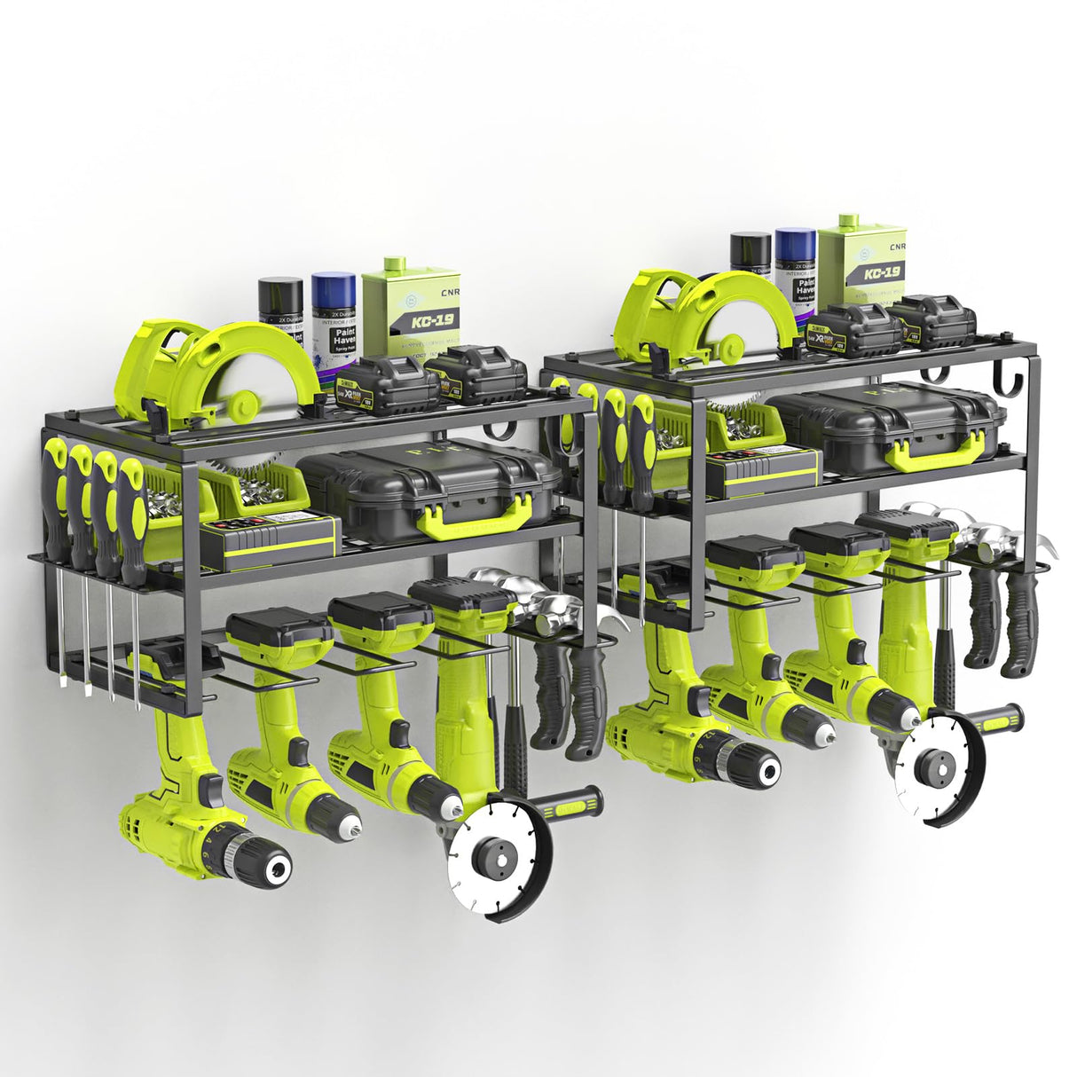 SUNALLY 3-Tier Heavy Duty Steel Power Tool Organizer, Matte Black, 3 Layers Tool Rack Cordless Drill, Floating Shelf Wall Mounted, 4 Drill Holders SUNALLY