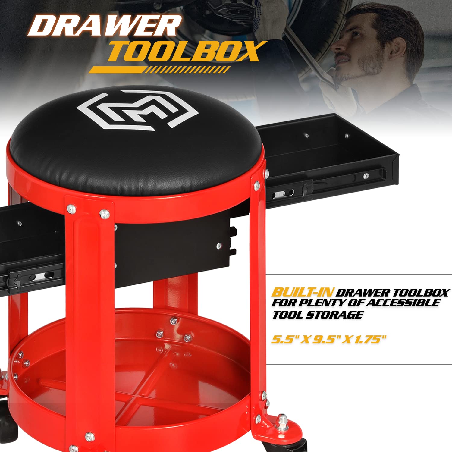 Magshion Round Mechanics Roller Seat with Build-in Drawer/Tool Storage and Can Holder, Padded Garage Stool with Wheels 300 lbs Capacity Rolling Magshion