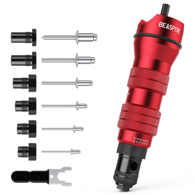 Beaspire Cordless Rivet Gun Adapter - Electric Rivet Drill Adapter Kit 2.4mm-6.4mm, Rivet Gun Kit with 6 Interchangeable Rivet Heads and 30 Blind