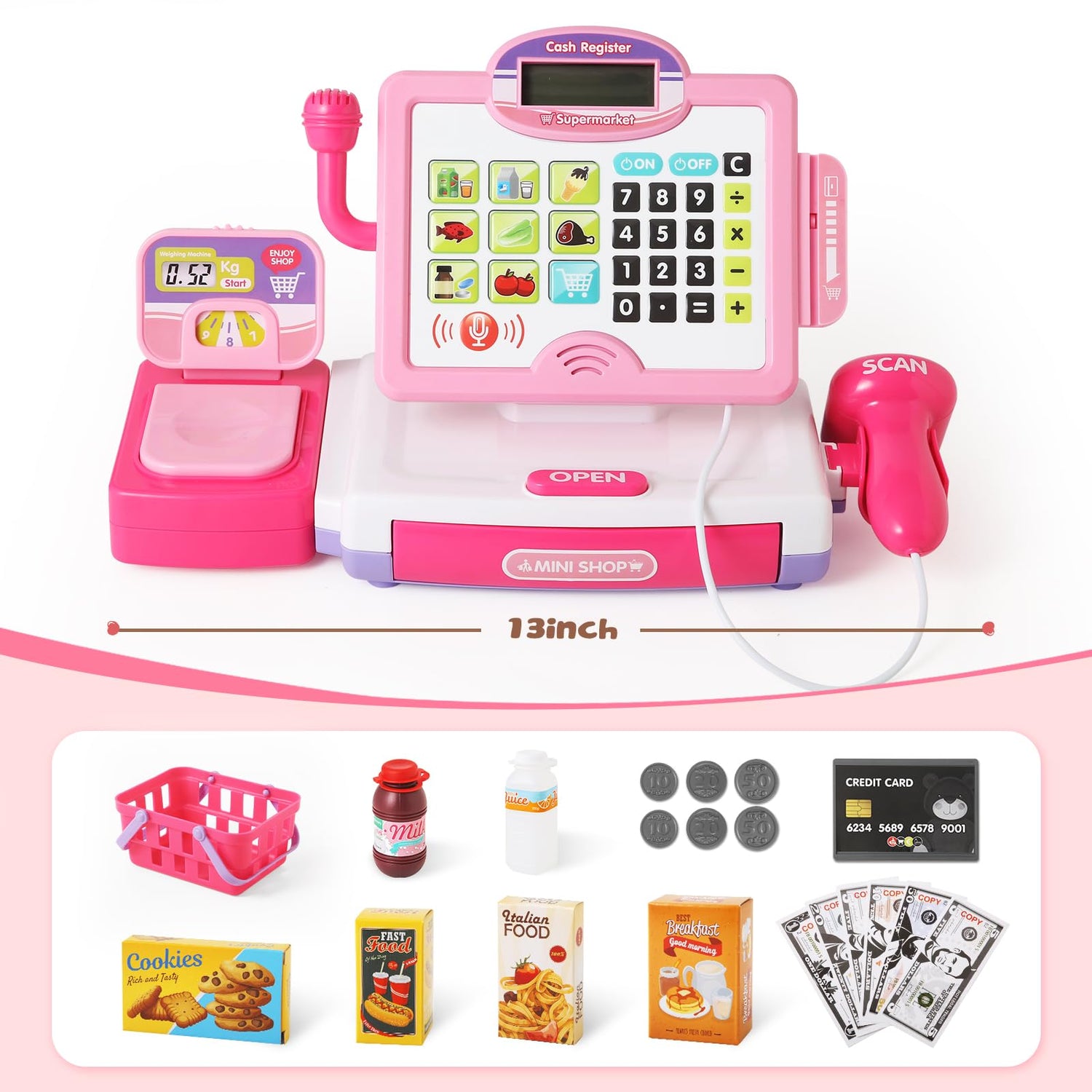 Pretend Play Calculator Cash Register Toy Gift for Kids Girls Age 3, 4, 5, 6, 7, 8+ Year Old, 57 Pcs Pink Grocery Store Playset, Incl Microphone, BAODLON