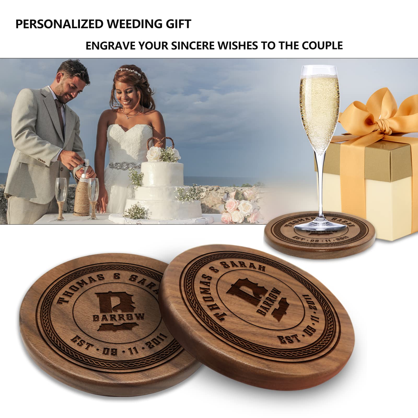 Personalized Coasters Walnut Wood,Wedding Gift,Anniversary,Christmas Gifts,Laser Engrave Personalized Gifts for Couples,Parents,Wedding Keepsake Gift - WoodArtSupply