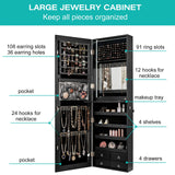 CHARMAID LED Strip Jewelry Armoire with 47.2" H Full Length Mirror, Wall/Door Mounted Jewelry Organizer with Built-in Mirror, Flip-over Cosmetic CHARMAID