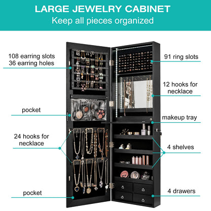 CHARMAID LED Strip Jewelry Armoire with 47.2" H Full Length Mirror, Wall/Door Mounted Jewelry Organizer with Built-in Mirror, Flip-over Cosmetic