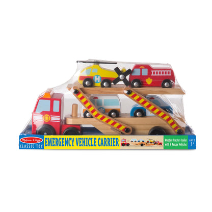 Melissa & Doug Wooden Emergency Vehicle Carrier Truck With 1 Truck and 4 Rescue Vehicles - WoodArtSupply