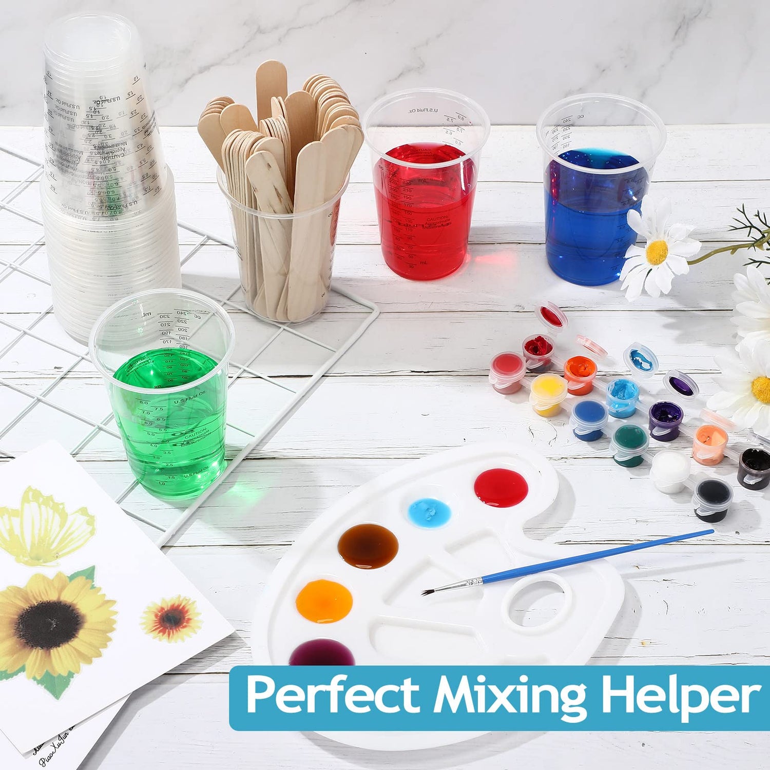 300 Pieces 8 oz Plastic Measuring Cups with 300 Wooden Mixing Sticks Disposable Measuring Cups for Epoxy Resin Mixing Cups for Liquid Measuring, Yunsailing