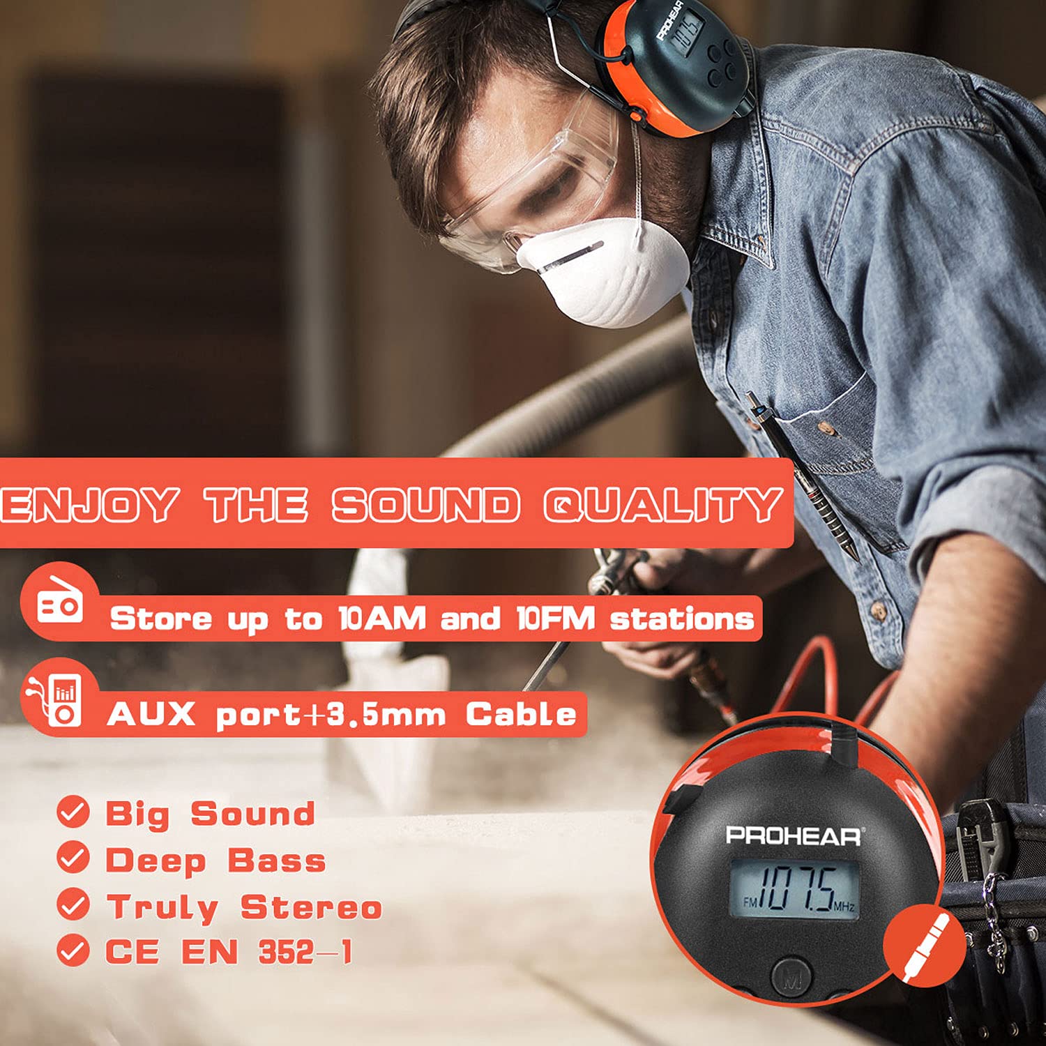 PROHEAR 027 AM FM Radio Headphones with Digital Display, 25dB NRR, Safety Ear Protection Earmuffs for Mowing, Snowblowing, Construction, Work Shops - PROHEAR