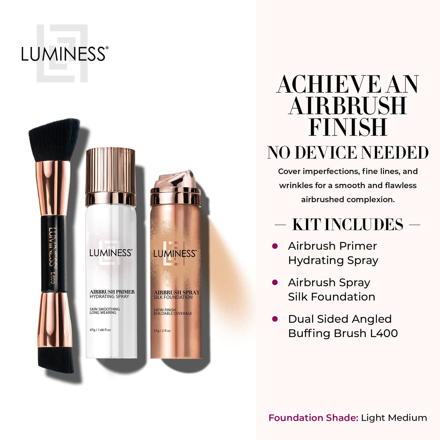 LUMINESS Silk Airbrush Spray Foundation Makeup Starter Kit - Full Coverage Foundation, Primer & Dual-Sided Buffing Brush - Buildable, Anti-Aging LUMINESS