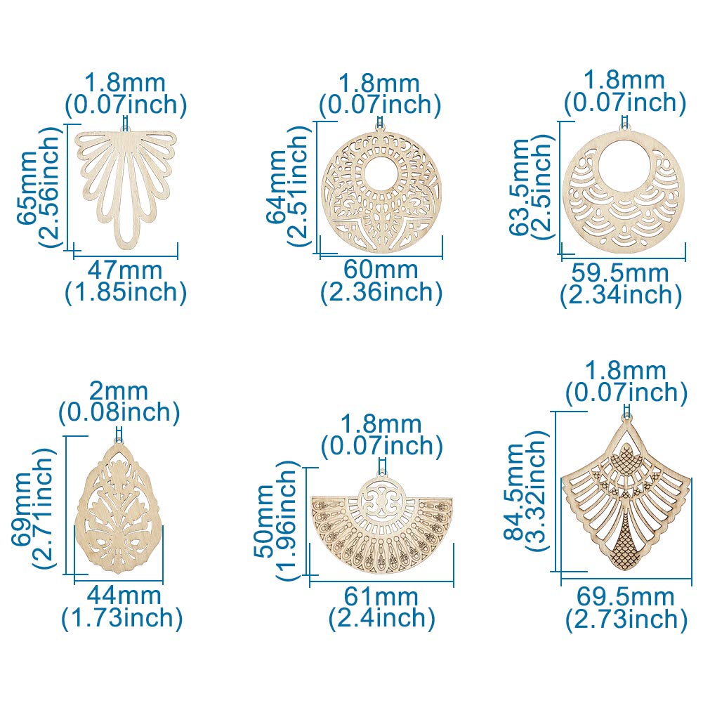 Pandahall 1 Box Natural Wood Dangle Earrings Kit with 48pcs Unfinished Wooden Filigree Earrings Pendants Blank with Stainless Steel Jump Rings and PH PandaHall