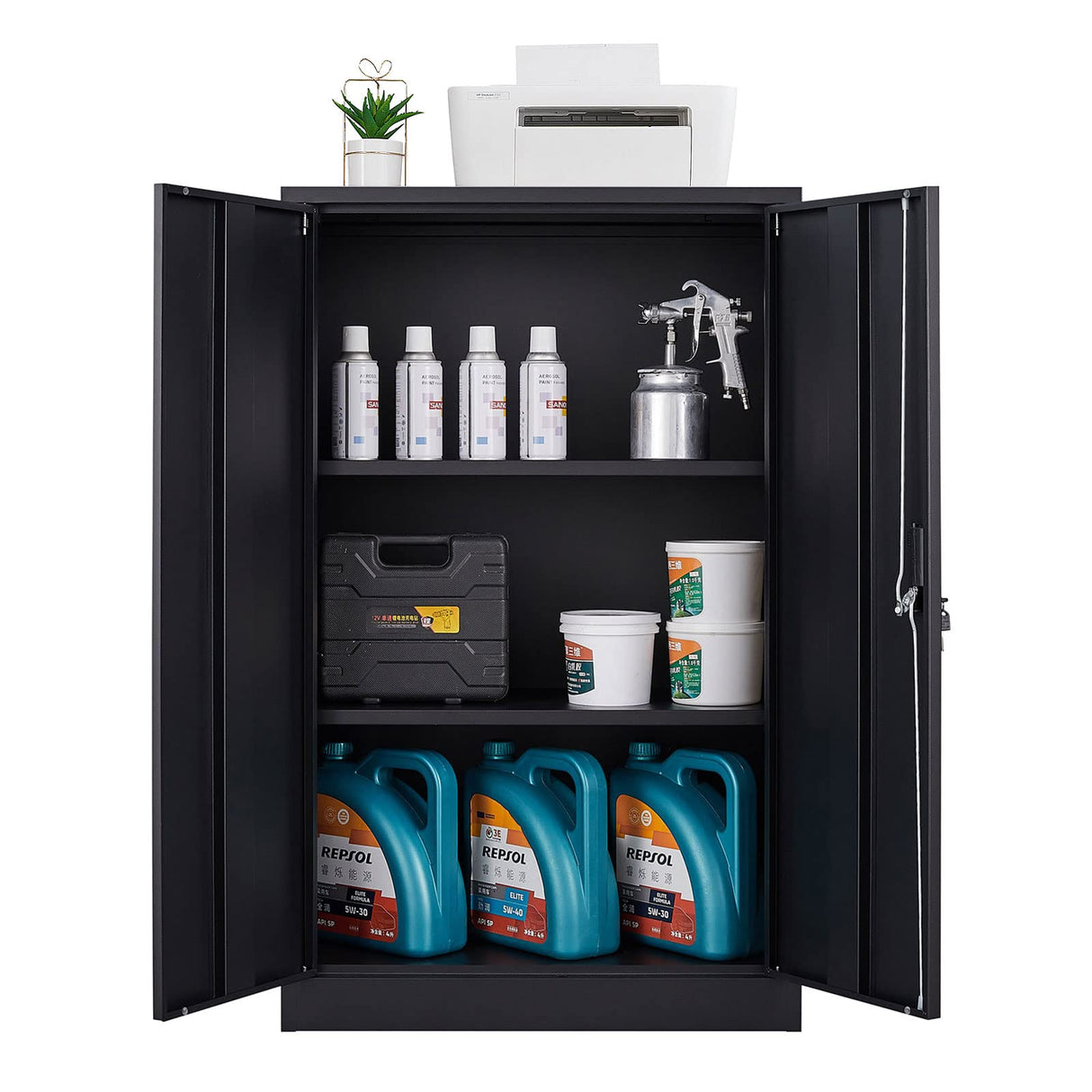 Neylory Metal Storage Cabinet with Locking Doors, Lockable Steel Storage Cabinet with 2 Doors and Shelves, Black Metal Cabinet with Lock, Small Steel Neylory