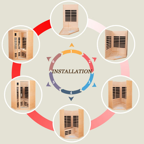 SALUSHEAT Far Infrared Wooden Sauna Room, 2 Person Home Sauna, Canadian Hemlock Indoor Corner Sauna Spa, 7 Low EMF Heaters, 2 Bluetooth Speakers, 2 SALUSHEAT