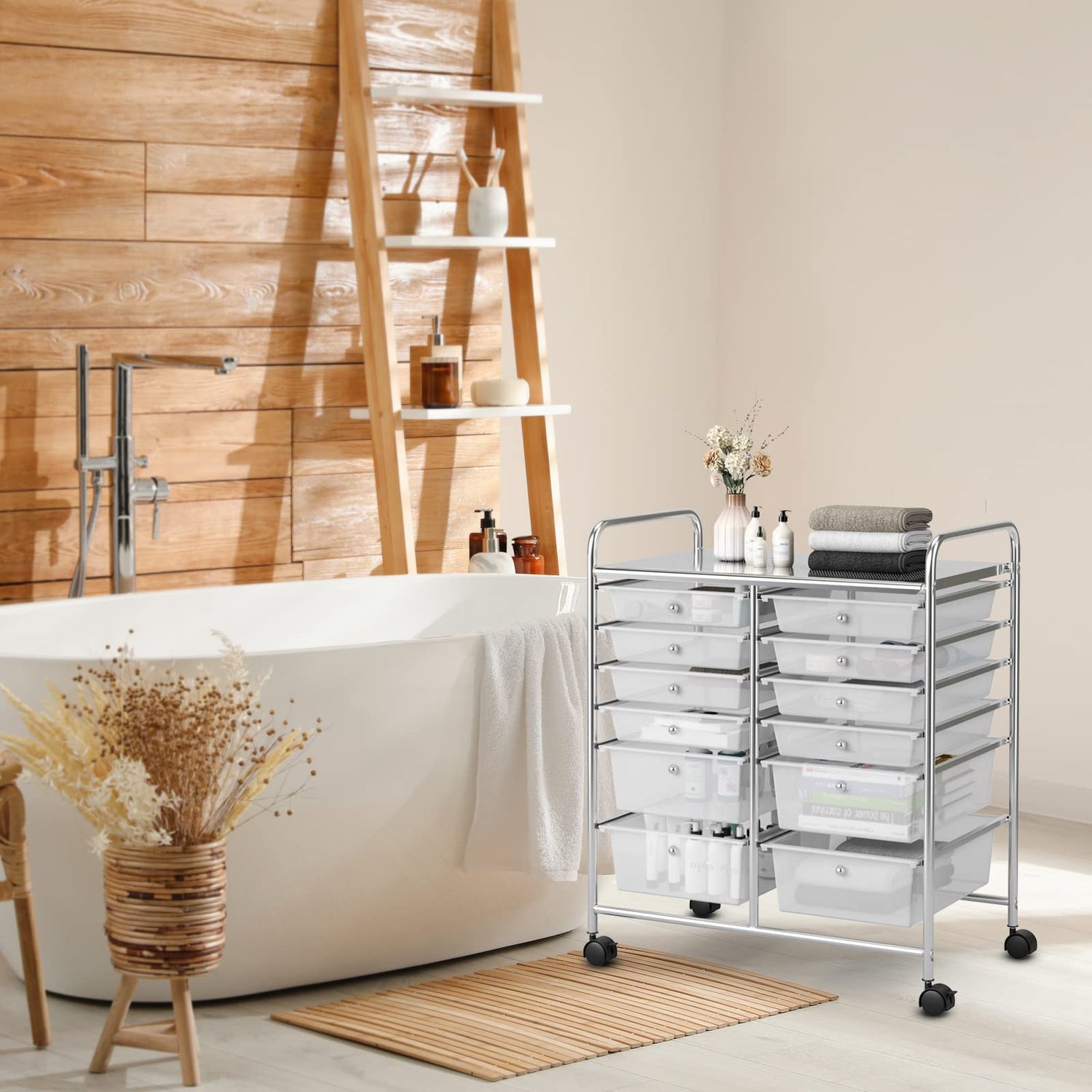 COSTWAY 12-Drawer Rolling Storage Cart, Moveable Art Craft Organizer W/Lockable Wheels, Metal Shelf, Files Arrangement Tools Makeup Storage Cart for COSTWAY