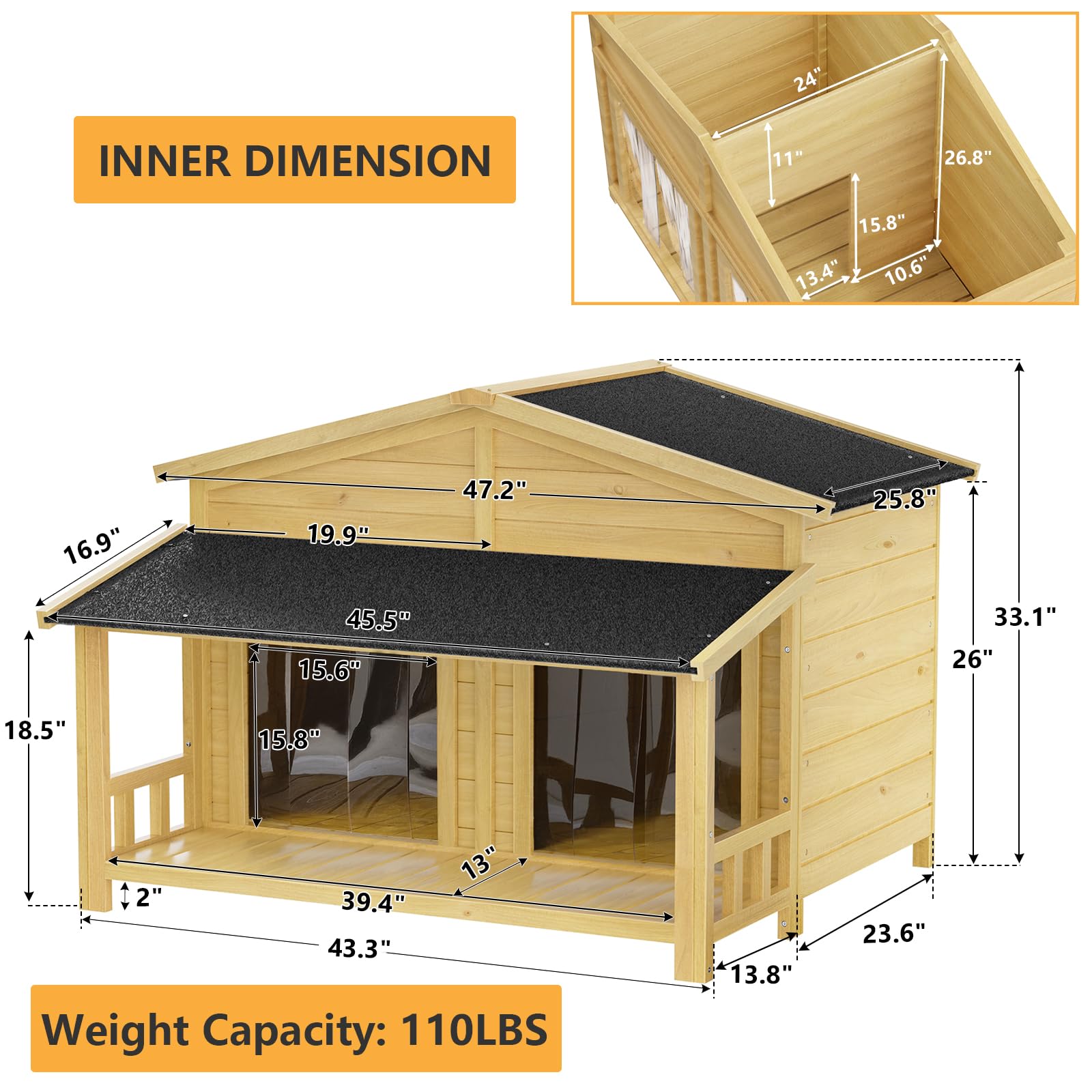 RITSU 47.2" Dog House, Waterproof Dog Kennel, Wooden Outdoor and Indoor Dog House, Log Cabin Style with Porch,Elevated Floor, 2 Doors, Pine Wood + - WoodArtSupply