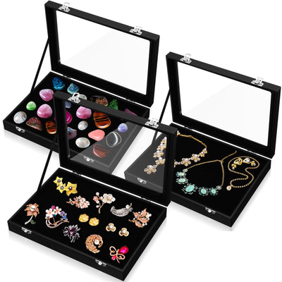 Huquary 3 Pcs Jewelry Display Cases Wooden Jewelry Box Glass Top Display Cases for Collectables with Glass Window on Top Display Case Organizer for