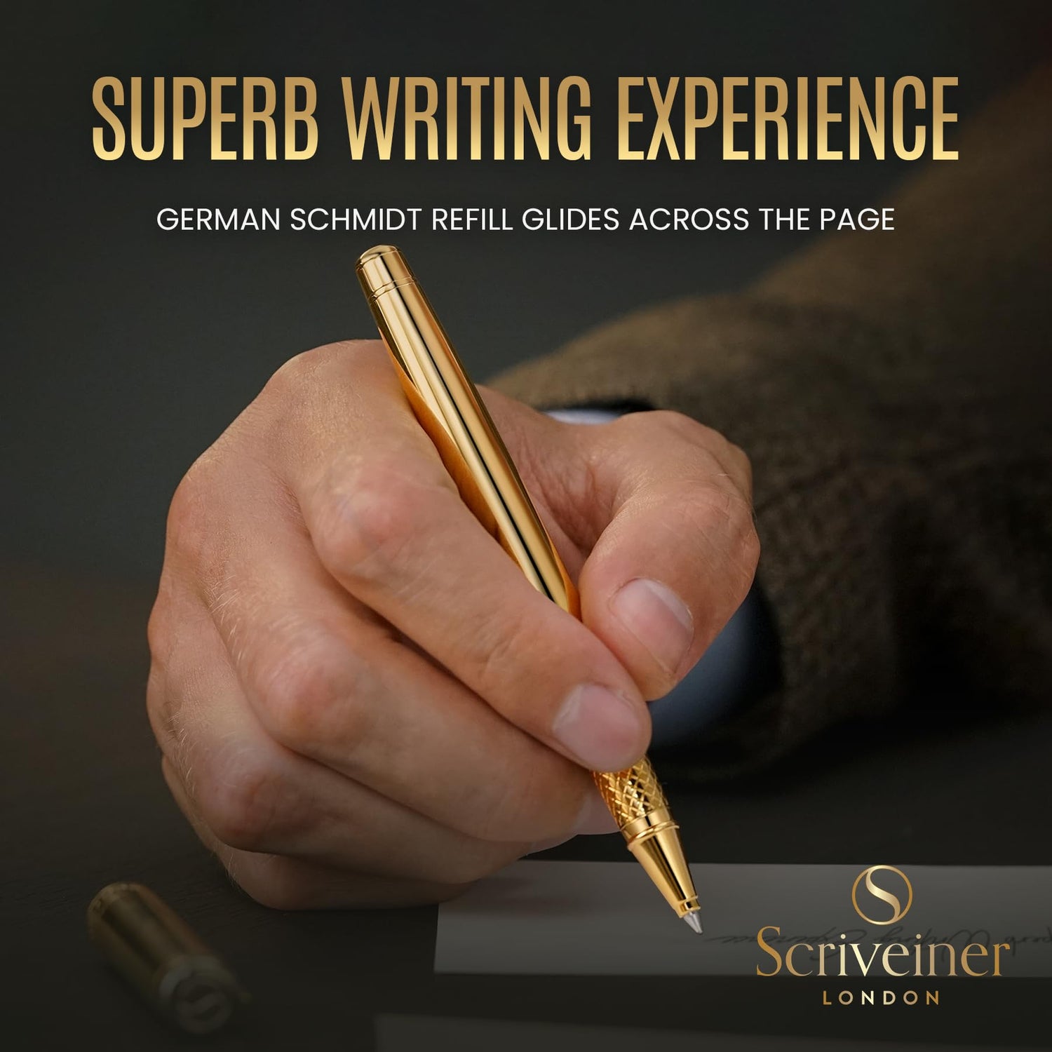 Scriveiner Gold Rollerball Pen - Stunning Luxury Pen with 24K Gold Finish, Schmidt Ink Refill, Best Roller Ball Pen Gift Set for Men & Women, Scriveiner