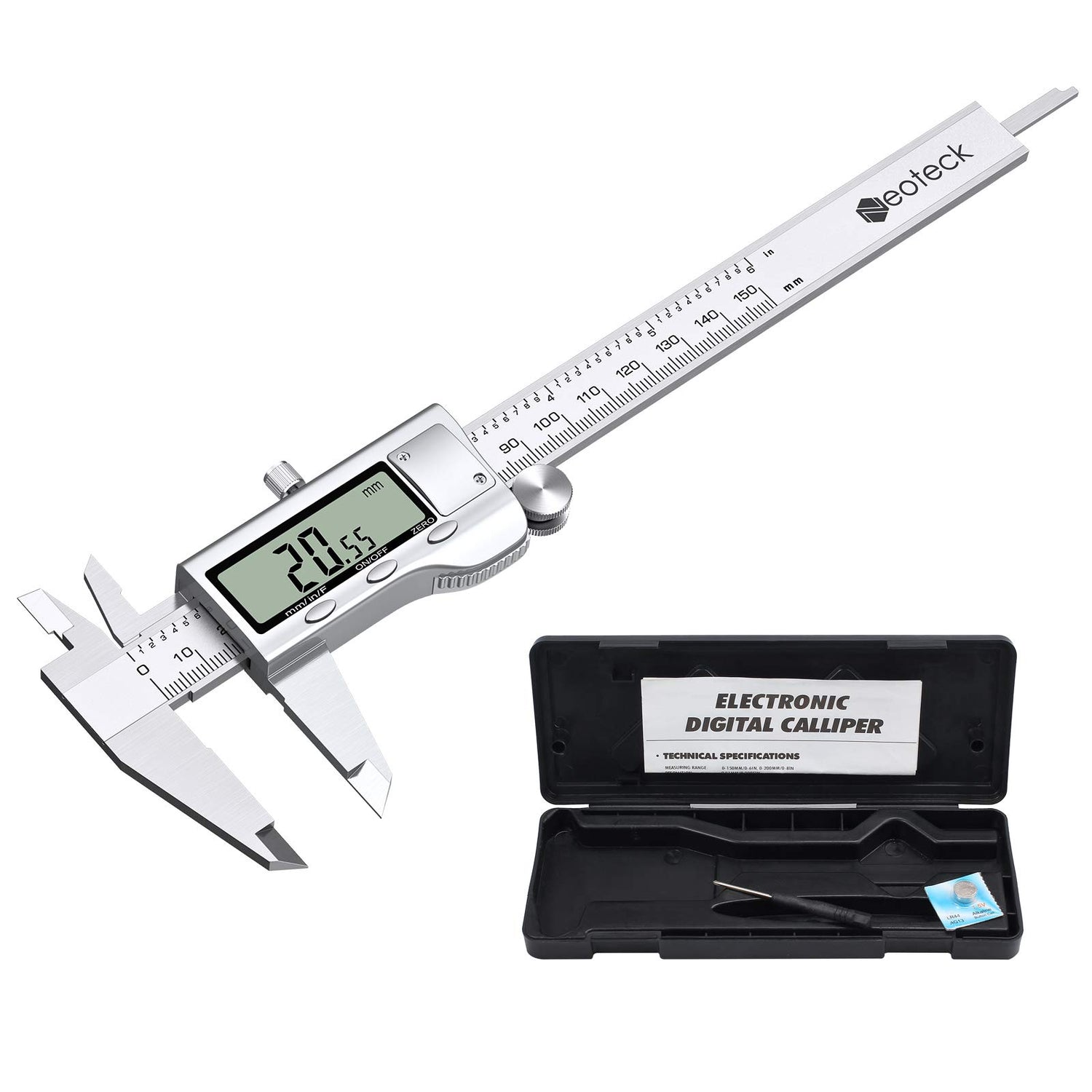 Neoteck 6 inch Digital Caliper, Full-Metal Electronic Calipers Measuring Tool Fractions/Inch/mm Conversion Neoteck