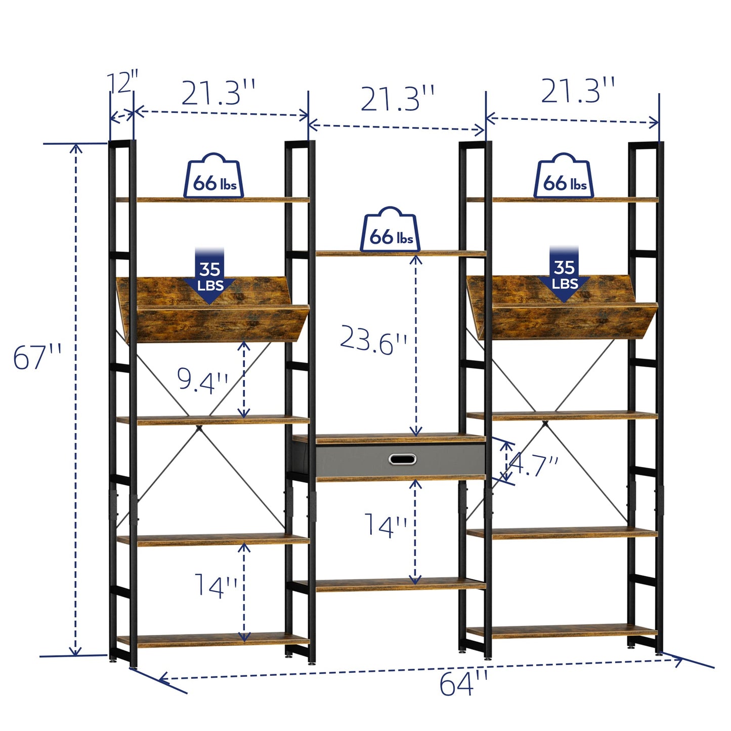 NUMENN Adjustable 5-Tier Triple Wide Rustic Industrial Bookshelf - WoodArtSupply