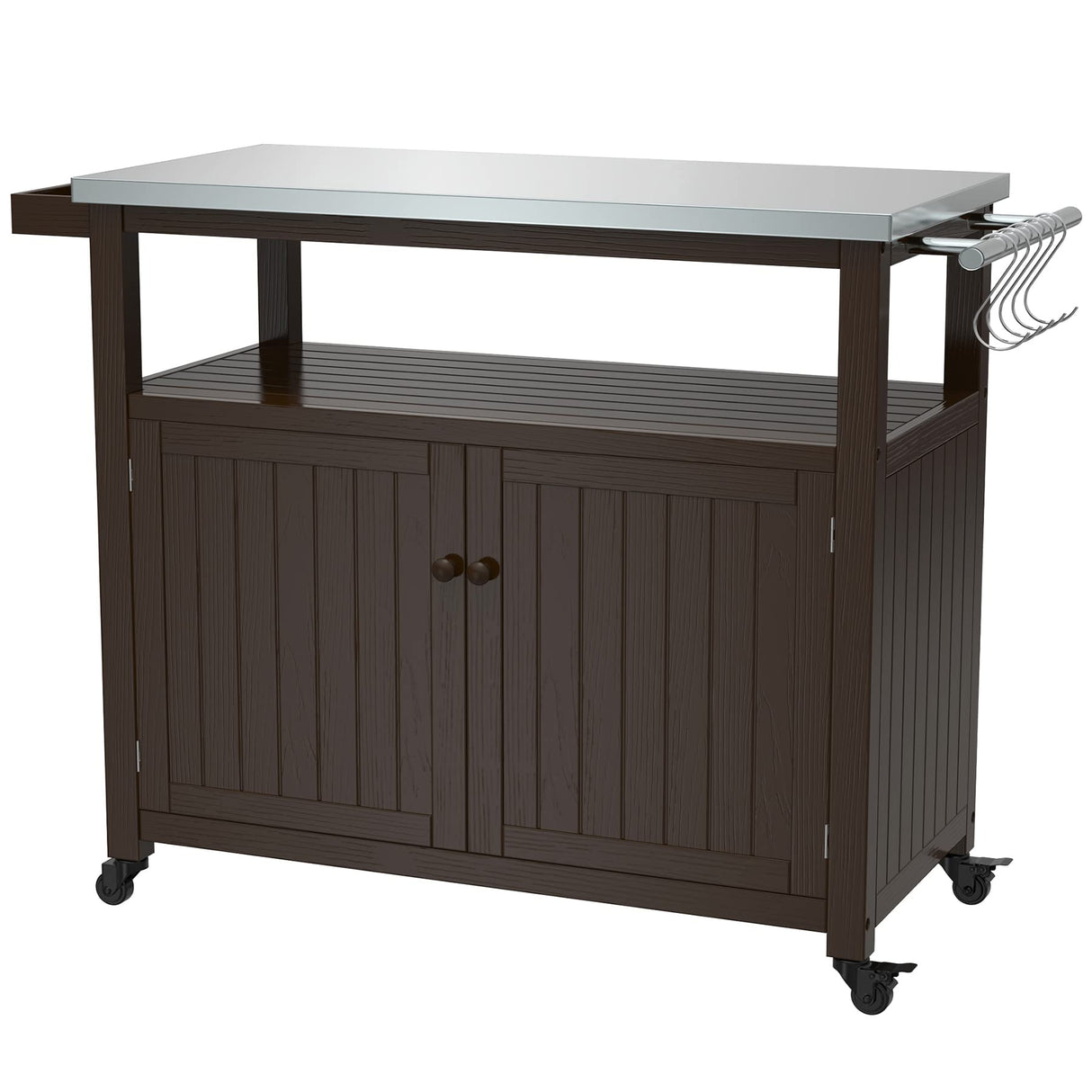 GDLF Outdoor Storage Cabinet Solid Wood Prep Grill Table with Stainless Steel Top Waterproof Cover Dark Brown GDLF