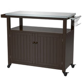 GDLF Outdoor Storage Cabinet Solid Wood Prep Grill Table with Stainless Steel Top Waterproof Cover Dark Brown GDLF