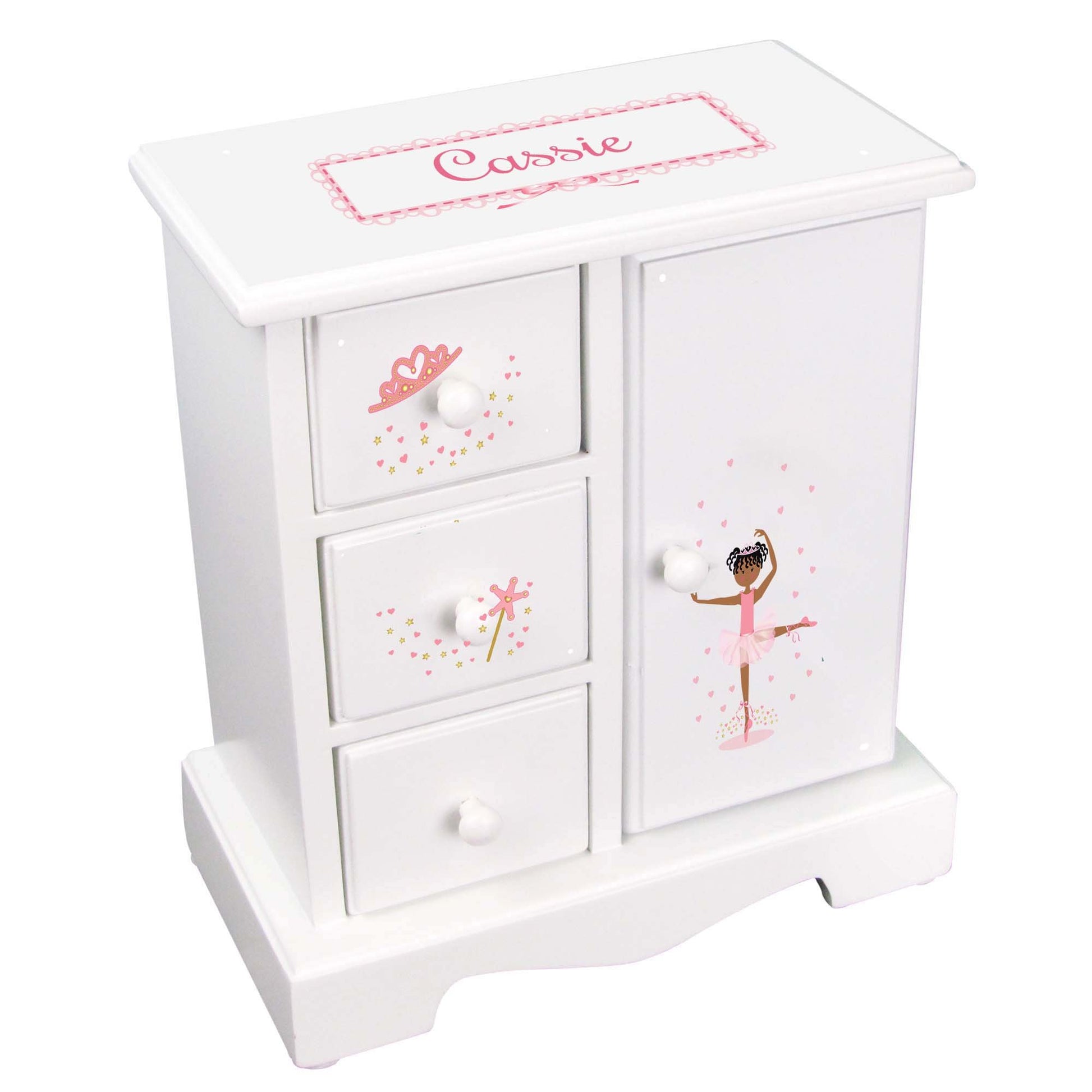 My Bambino Personalized Jewelry Box Amoire Tall Wood Organizer Chest for Girls (Ballerina African American) - WoodArtSupply