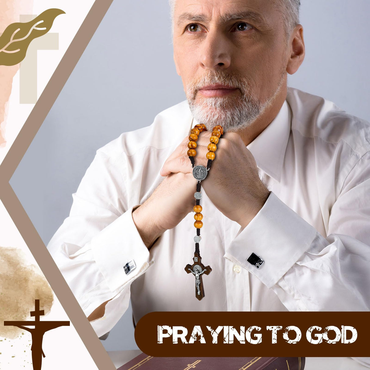 Equsion 24 Set Wooden Bead Rosary Necklace Catholic Rosary Wood Carved Beads with Jesus Cross Our Father Solid Wooden Rosary Beads with Organza Bag Equsion