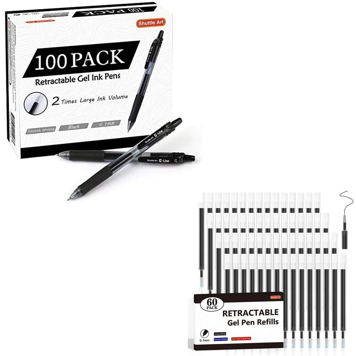 Shuttle Art School & Work Supplies Bundle, 100 Pack Black Retractable Gel Pens + 60 Pack Black Retractable Gel Pen Refills 0.7mm Fine Point for Shuttle Art