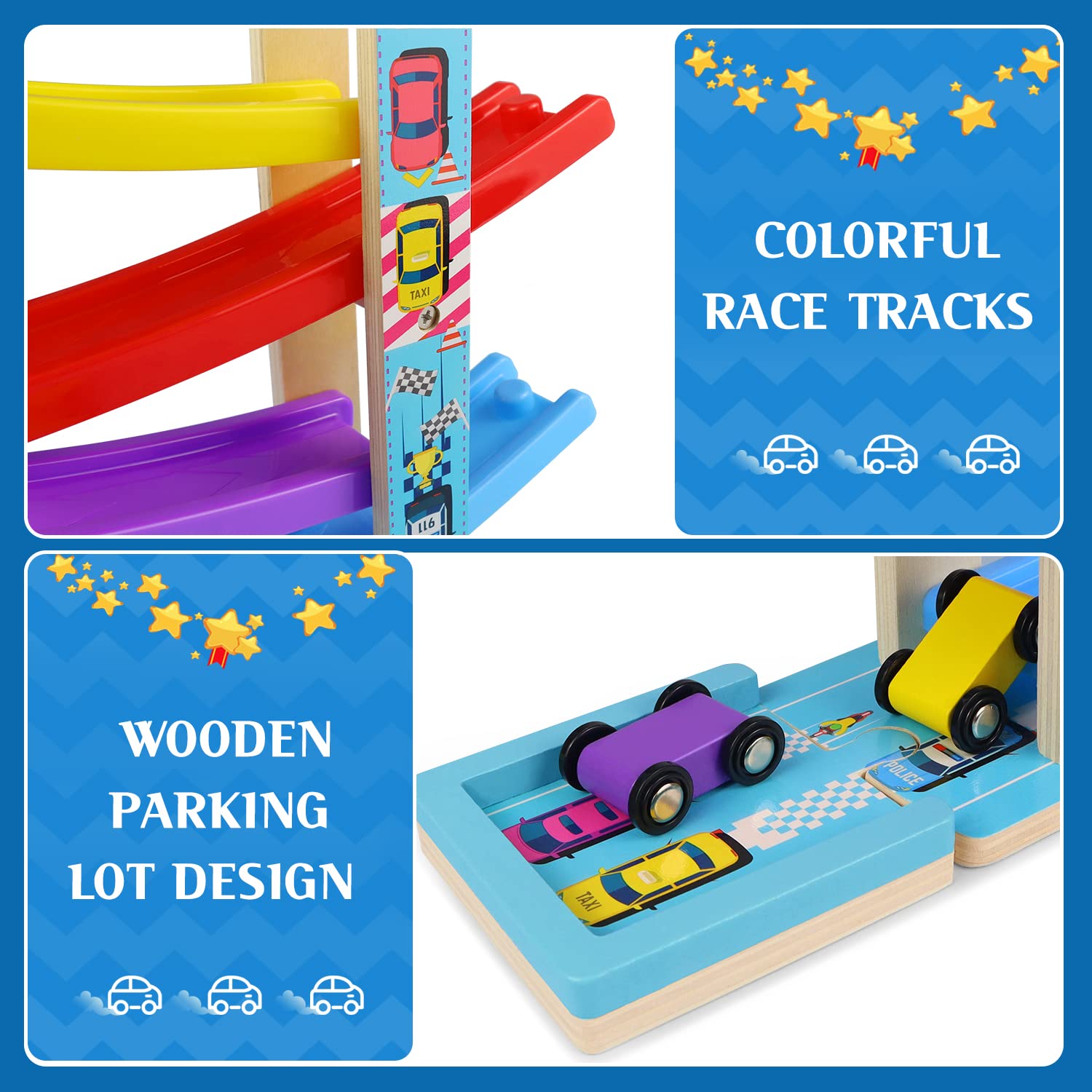 Montessori Toys for Toddlers, Children Race Track Toy with 4 Cars and 1 Wooden Parking Lot, Stable Base, Car Ramp Toy for 2 3 Year Old Boy Girl Gifts Heirio