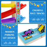 Montessori Toys for Toddlers, Children Race Track Toy with 4 Cars and 1 Wooden Parking Lot, Stable Base, Car Ramp Toy for 2 3 Year Old Boy Girl Gifts Heirio
