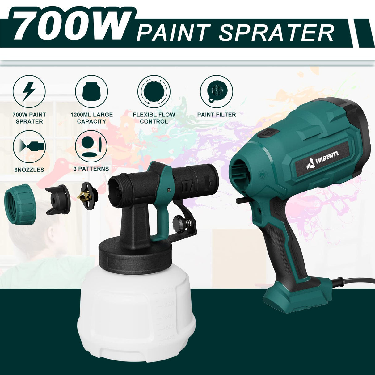 WIBENTL Paint Sprayer, 700W HVLP Electric Paint Gun, with 6 Copper Nozzles & 3 Patterns for Home Interior and Exterior, Furniture, Fence, Walls, DIY WIBENTL
